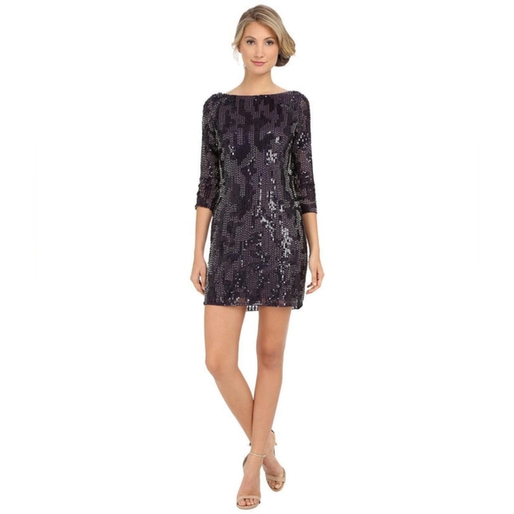 ADRIANNA PAPELL 3/4 SLEEVE SEQUIN AND BEAD EMBELLISHMENT MESH COCKTAIL DRESS - Picture 1 of 5